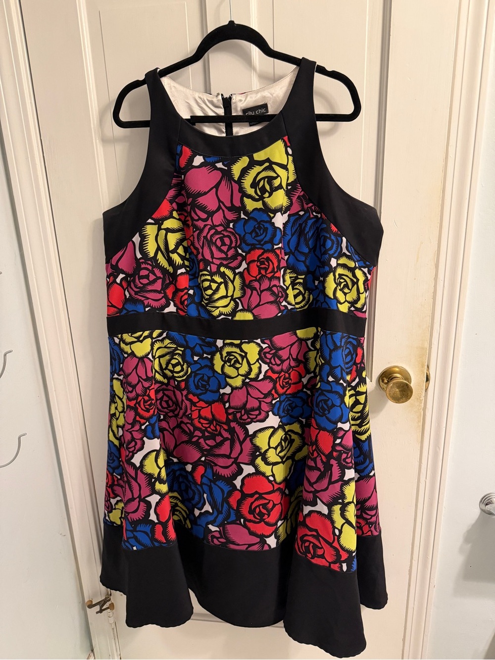 City Chic Black-Trim Floral Midi Dress - Blue, Pink, Yellow, Red